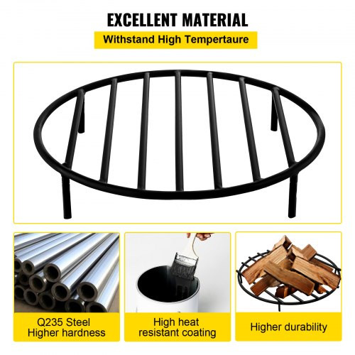 Fire Pit Grate, Heavy Duty Iron Round Firewood Grate, Round Wood Fire Pit Grate 19", Firepit Grate with Black Paint, Fire Grate with 4 Removable Round Legs for Burning Fireplace and Firepits