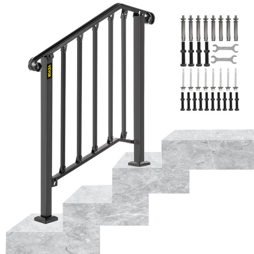 Handrails for Outdoor Steps, Fit 2 or 3 Steps Outdoor Stair Railing, Picket#2 Wrought Iron Handrail, Flexible Porch Railing, Black Transitional Handrails for Concrete Steps or Wooden Stairs