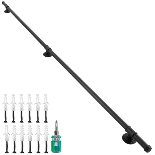 Black 8 ft 200lbs Capacity Industrial Iron Pipe 1.25 Inch Tube Diameter Indoor Stairs Wall Mounted Stairway Handrail