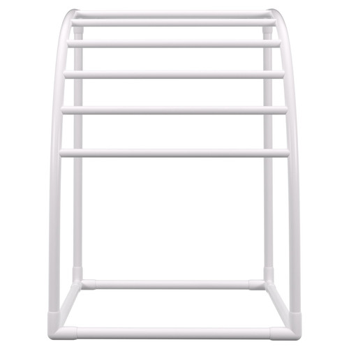 Pool Towel Rack, 7 Bar, White, Freestanding Outdoor PVC Curved Poolside Storage Organizer, Include 8 Towel Clips, Mesh Bag, Hook, Also Stores Floats and Paddles, for Beach, Swimming Pool, Home