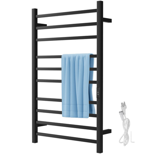 Heated Towel Rack, 10 Bars Design, Powder Coated Stainless Steel Electric Towel Warmer with Built-in Timer, Wall-Mounted for Bathroom, Plug-in/Hardwired, UL Certificated, Black