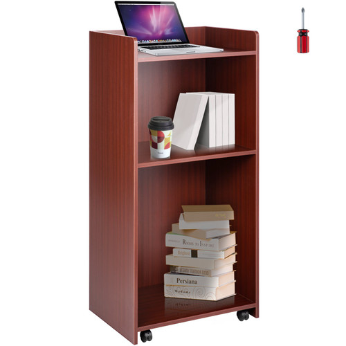 Wood Podium, 23.6" x 47.2", Lecterns and Podiums w/ 4 Rolling Wheels, Baffle Plate & Shelf, Easy Assembly Walnut Wood Lecterns for Church, Office, School, Home