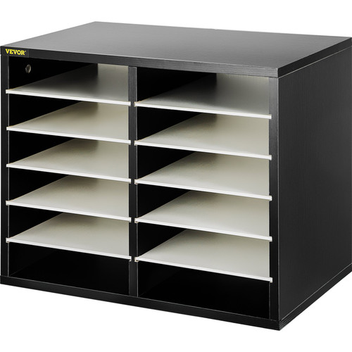 12 Compartments Wood Literature Organizer, Adjustable Shelves, Medium Density Fiberboard Mail Center, Office Home School Storage for Files, Documents, Papers, Magazines, Black+White