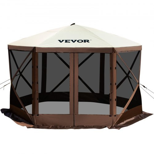 Camping Gazebo Tent, 10'x10', 6 Sided Pop-up Canopy Screen Tent for 8 Person Camping, Waterproof Screen Shelter w/Portable Storage Bag, Ground Stakes, Mesh Windows, Brown & Beige
