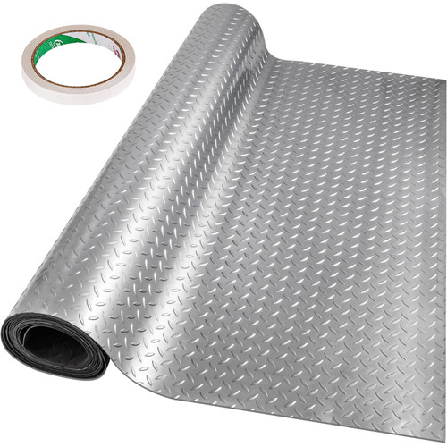 Garage Floor Mat 3.9x6.56ft Vinyl Garage Flooring Roll Anti-Slide Diamond Texture Silver Garage Mats for Under Car 25.6sqft Covering Space DIY PVC Garage Floor Mat for Gyms Boats Car Trailer