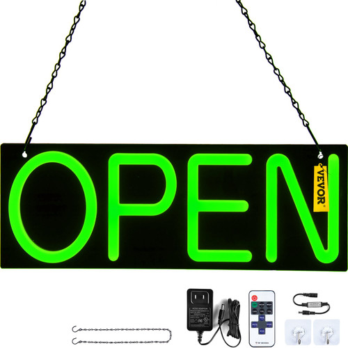 LED Open Sign, 20" x 7" Neon Open Sign for Business, Adjustable Brightness Green Neon Lights Signs with Remote Control and Power Adapter, for Restaurant, Bar, Salon, Shop, Hotel, Window, Wall
