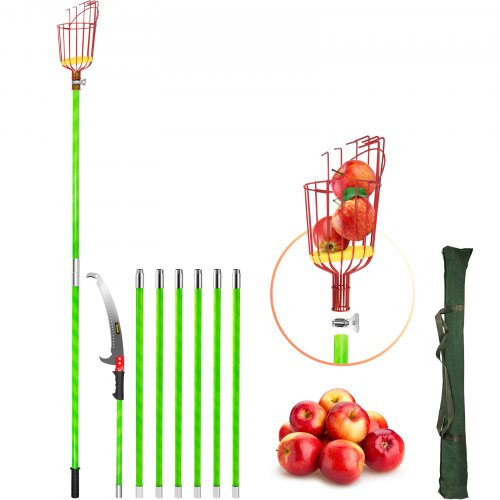 26 FT Pole Saw with Head Bracket, Height Adjustable Telescoping Fruit Picker Tool and Tree Pruner, Lightweight Apple, Mango, Orange Harvesting Catcher, Green