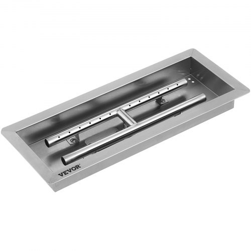 20x8 Inch Stainless Steel Rectangular Built-in Fire Pit Pan with H-Burner, Silver