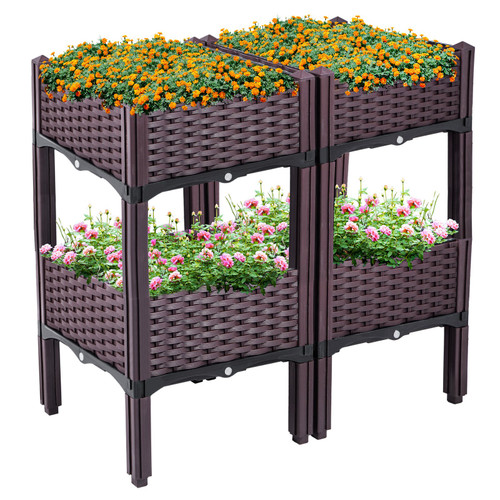 Plastic Raised Garden Bed, 15.7H Flower Box Kit, Brown Rattan Style Grow Planter Care Box, Set of 4 Raised Garden Planter, Raised Bed Watering Kit, Raised Garden Bed with Legs for in/Outdoor