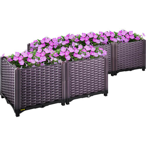Plastic Raised Garden Bed, Set of 5 Planter Grow Box, 14.5" H Self-Watering Elevated for Flowers, Vegetables, Fruits, Herbs, Indoor/Outdoor Use, Brown Realistic Rattan