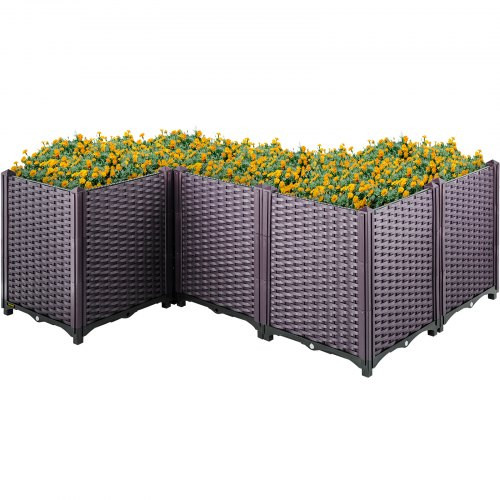 Plastic Raised Garden Bed, Set of 5 Planter Grow Box, 20.5" H Self-Watering Elevated for Flowers, Vegetables, Fruits, Herbs, Indoor/Outdoor Use, Brown Realistic Rattan