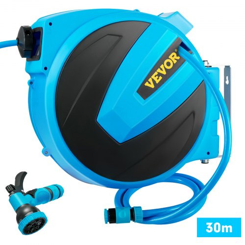 Retractable Hose Reel, 1/2 inch x 100 ft, Any Length Lock & Automatic Rewind Water Hose, Wall Mounted Garden Hose Reel w/ 180° Swivel Bracket and 8 Pattern Hose Nozzle, Blue