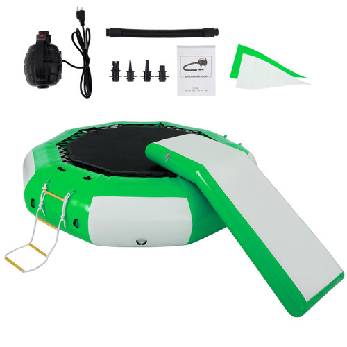 Inflatable Water Trampoline 10ft , Round Inflatable Water Bouncer with Yellow Slide and 4-Step Ladder, Water Trampoline in Green and White for Water Sports.