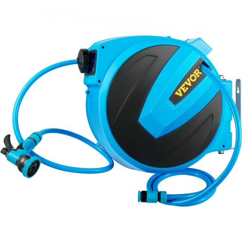 Retractable Hose Reel, 5/8 inch x 65 ft, Any Length Lock & Automatic Rewind Water Hose, Wall Mounted Garden Hose Reel w/ 180° Swivel Bracket and 7 Pattern Hose Nozzle, Blue