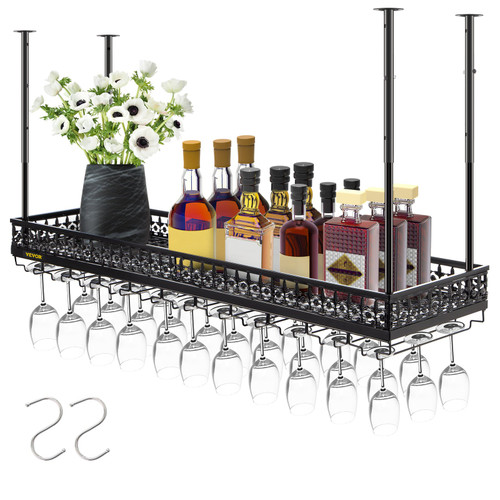 Ceiling Wine Glass Rack, 46.9 x 13 inch Hanging Wine Glass Rack, 18.9-35.8 inch Height Adjustable Hanging Wine Rack Cabinet, Black Wall-Mounted Wine Glass Rack Perfect for Bar Cafe Kitchen
