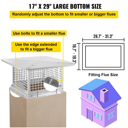 Chimney Cap, 17" x 29" Flue Caps, 304 Stainless Steel Fireplace Chimney Cover, Adjustable Metal Spark Arrestor with Bolts Screws, Mesh Chimney Flue Cover for Outside Existing Clay Flue Tile