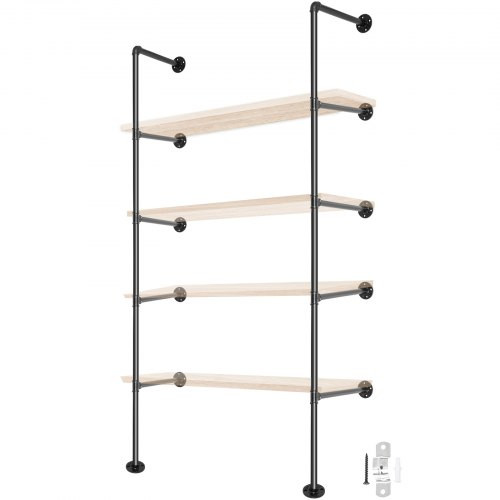 Industrial Pipe Shelves 5-Tier Wall Mount Iron Pipe Shelves 4 PCS Pipe Shelving Vintage Black DIY Pipe Bookshelf Each Holds 44lbs Open Kitchen Shelving for Bedroom & Living Room W/Accessories