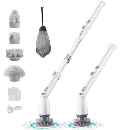 Electric Spin Scrubber, Cordless Cleaning Brush with 2 Adjustable Speeds and Extendable Long Handle, 1.5H Runtime Power Shower Scrubber with 4 Replaceable Brush Heads for Bathroom, Tub, Tile