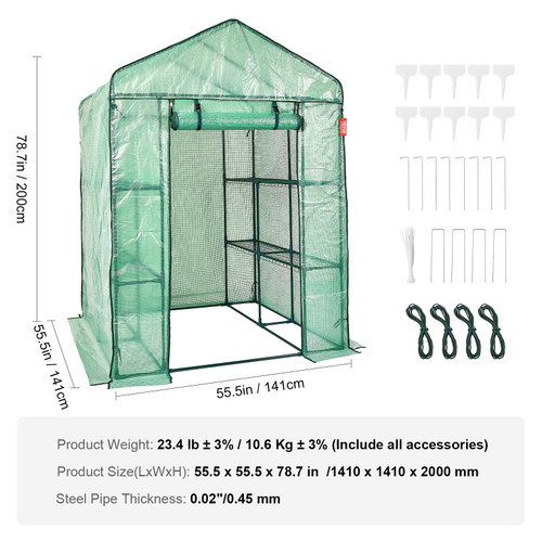 Walk-in Green House, 4.6 x 4.6 x6.6 ftGreenhouse with Shelves, Set Up in Minutes, High Strength PE Cover with Doors & Windows and Steel Frame, Suitable for Planting and Storage, Green