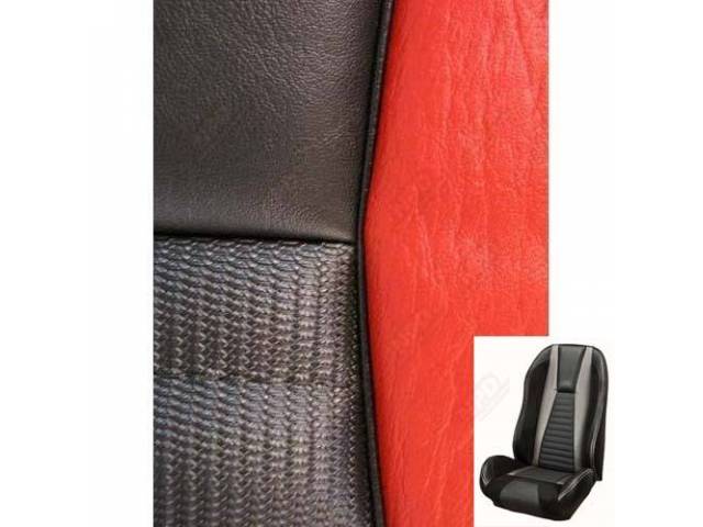 Front Bucket & Rear Bench Full Upholstery Set, Sport Seat R, Mach 1, Charcoal Black and Charcoal Black UniSuede, Red Stripe, White Stitching