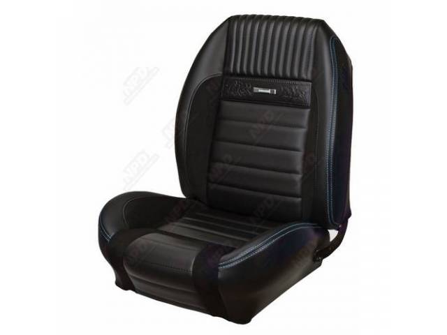 Front Bucket & Rear Bench Full Upholstery Set, Sport Seat R, Deluxe Pony, Charcoal Black and Charcoal Black UniSuede, Blue Stitching