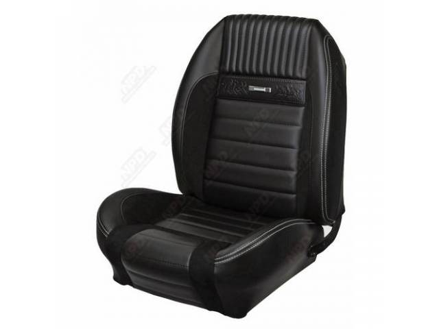 Front Bucket & Rear Bench Full Upholstery Set, Sport Seat R, Deluxe Pony, Charcoal Black and Charcoal Black UniSuede, White Stitching
