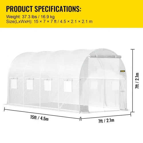 Walk-in Tunnel Greenhouse Galvanized Frame & Waterproof Cover 15x7x7 ft Greenhouses & Cold FramesWhite Color