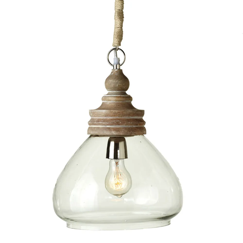 13″ Brown Curved Glass and Wood Pendant with Jute Cord Plug-in Hard Wire Kit