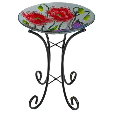 Vibrant Butterfly and Carnations Hand-Painted Glass Outdoor Birdbath – 21″ Diameter
