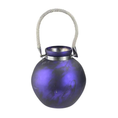 Violet and Black Outdoor Marbled Glass Hurricane with Rope Handle 14.5”
