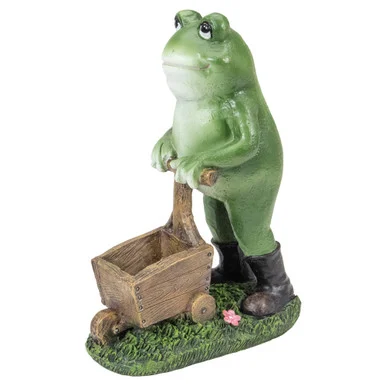 Whimsical 11.5″ Green Frog Pushing Wheelbarrow Garden Statue – Charming Outdoor Décor