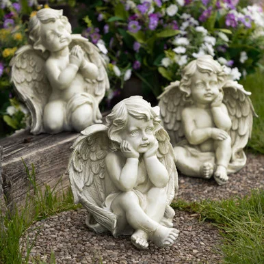 Whimsical Set of 3 Gray Sitting Cherub Angel Garden Statues – Heavenly Reminders for Any Space