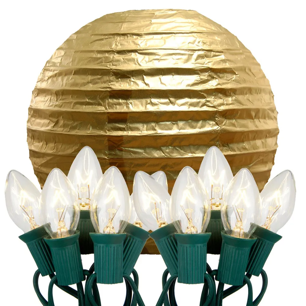 Set of 10 Metallic Gold Round Paper Lanterns with Electric Sting Lights 10″