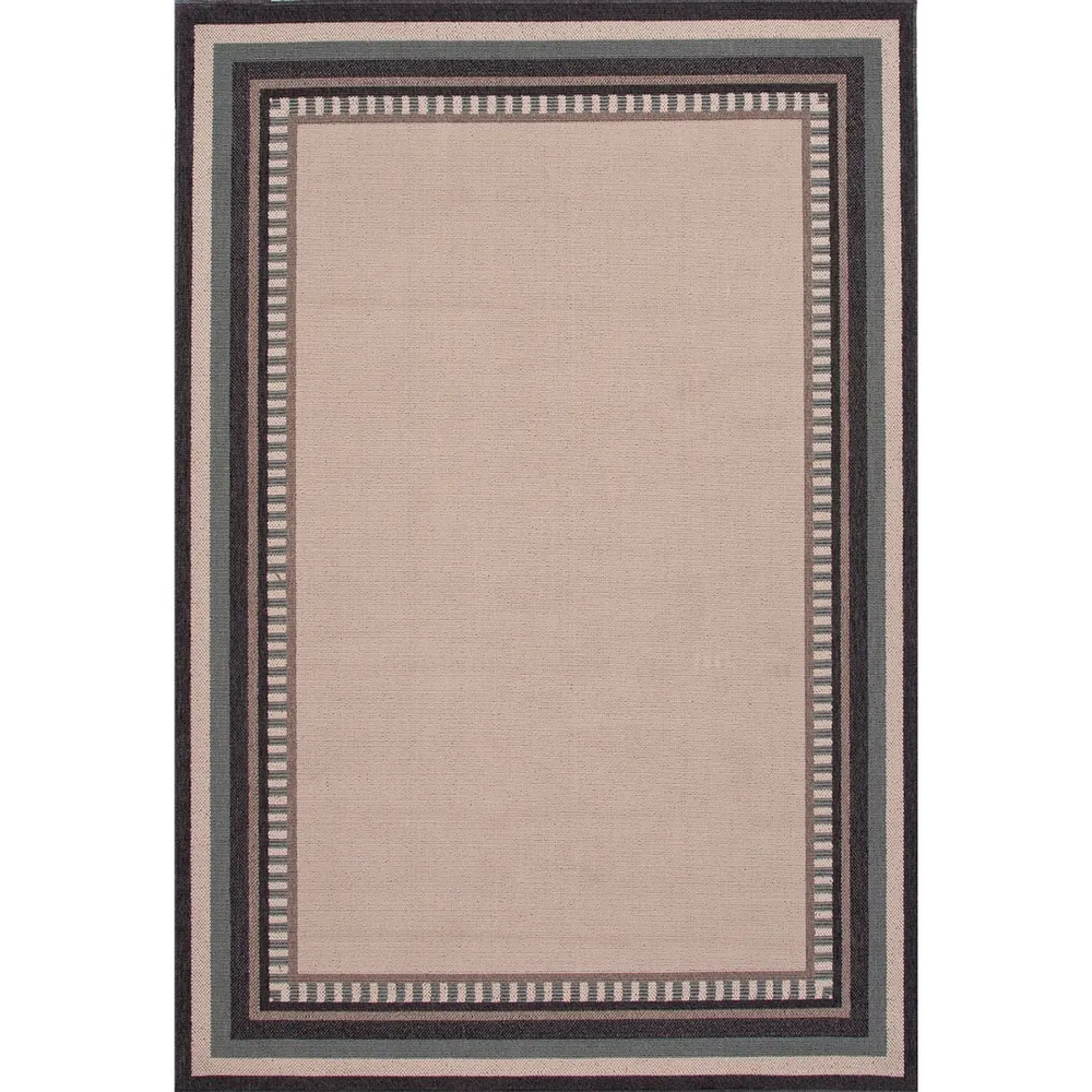 7.9′ x 10′ Taupe and Steel Gray Boarder Patterned Matted Indoor-Outdoor Area Throw Rug